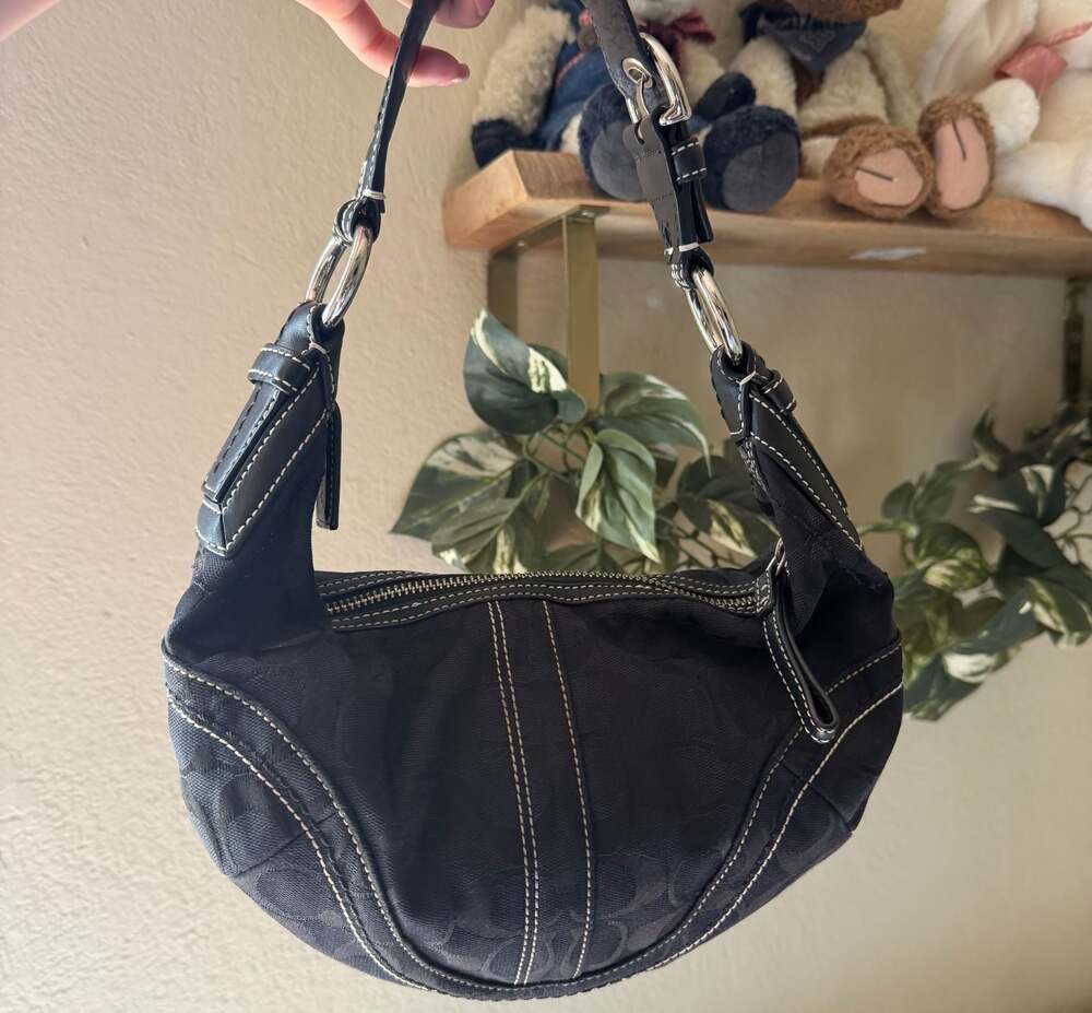 Coach Soho Signature C Small Hobo Bag Black Canvas with Leather Trim